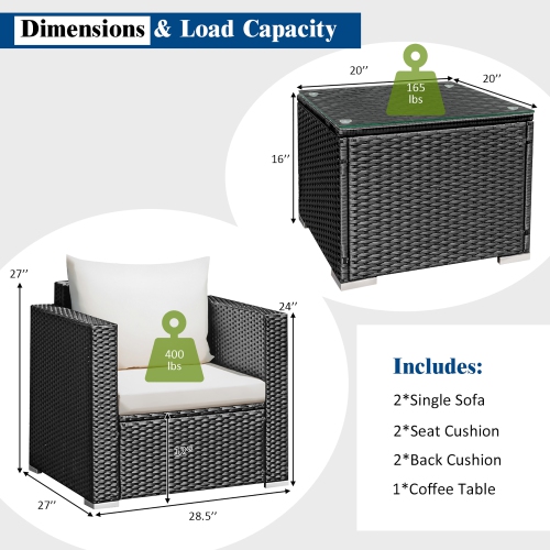 Costway 3PCS Patio Rattan Wicker Furniture Set Sofa Table W/Cushion Yard