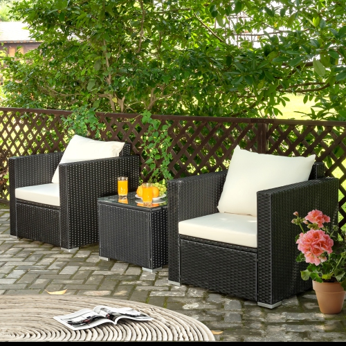 Costway 3PCS Patio Rattan Wicker Furniture Set Sofa Table W/Cushion Yard