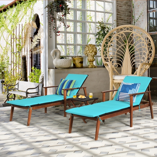 Costway 3PCS Patio Rattan Lounge Chair Folding Table Set Chaise Wood Cushioned