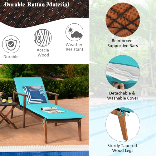 Costway 3PCS Patio Rattan Lounge Chair Folding Table Set Chaise Wood Cushioned