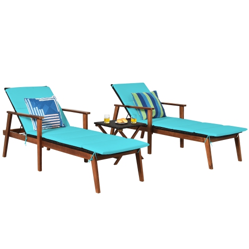 Costway 3PCS Patio Rattan Lounge Chair Folding Table Set Chaise Wood Cushioned