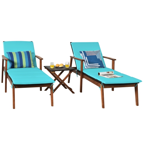 Costway 3PCS Patio Rattan Lounge Chair Folding Table Set Chaise Wood Cushioned