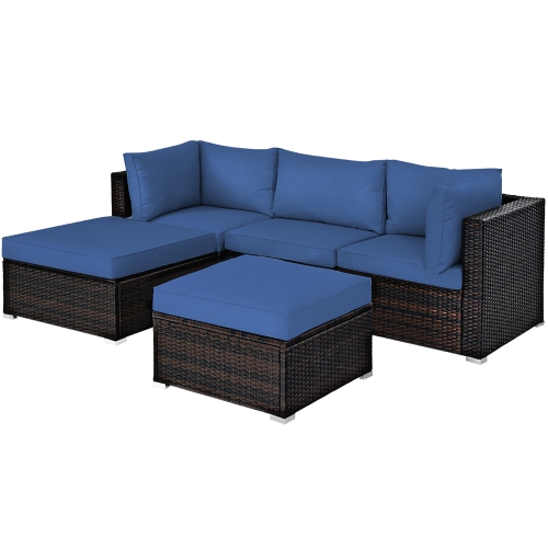 Costway 5PCS Patio Rattan Furniture Set Sectional Conversation Set Ottoman Table