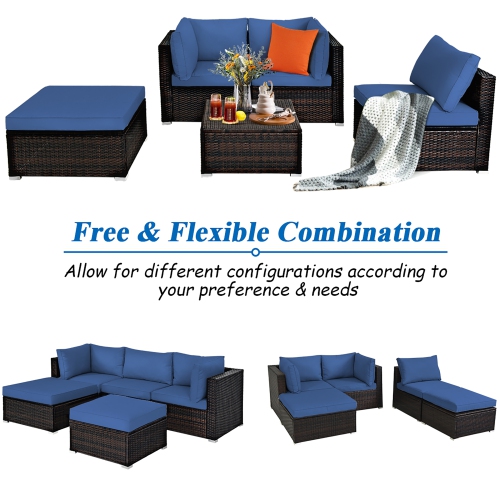 Costway 5PCS Patio Rattan Furniture Set Sectional Conversation Set Ottoman Table
