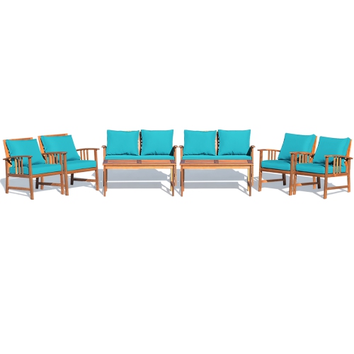 Costway 8PCS Wooden Patio Furniture Set Table Sofa Chair Cushioned Garden Turquoise