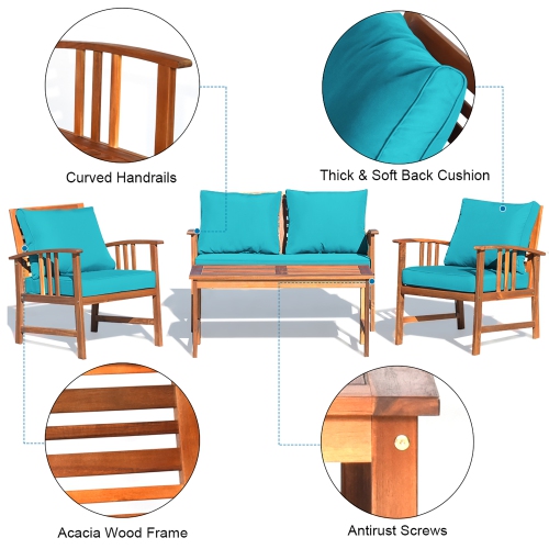Costway 8PCS Wooden Patio Furniture Set Table Sofa Chair Cushioned Garden Turquoise