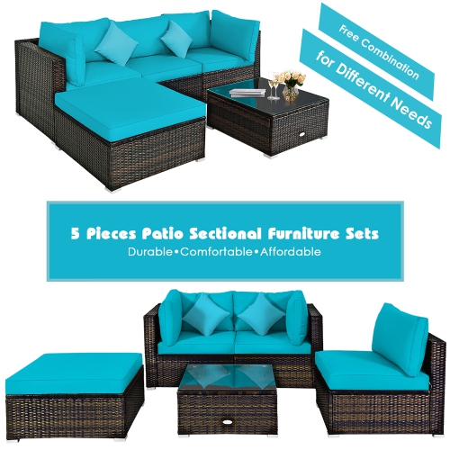 Costway 5PCS Outdoor Patio Rattan Furniture Set Sectional Conversation W/Cushion