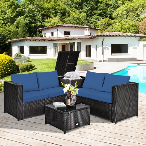 Costway 4PCS Outdoor Patio Rattan Furniture Set Cushioned Loveseat Storage Table