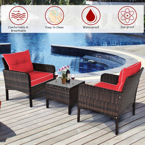 Costway 3PCS Outdoor Rattan Conversation Set Patio Garden Cushioned Sofa Chair