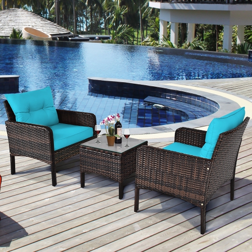 Costway 3PCS Outdoor Rattan Conversation Set Patio Garden Cushioned Sofa Chair