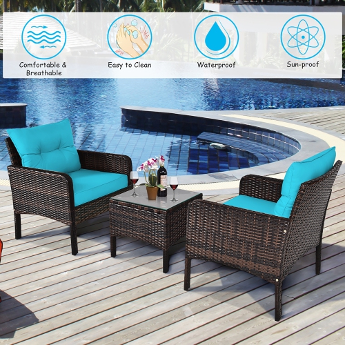 Costway 3PCS Outdoor Rattan Conversation Set Patio Garden Cushioned Sofa Chair