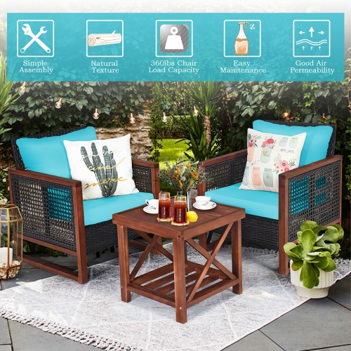 Costway 3PCS Patio Wicker Furniture Set Wooden Frame Cushion Sofa