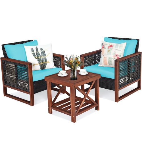 Costway 3PCS Patio Wicker Furniture Set Wooden Frame Cushion Sofa