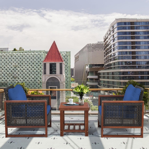 Costway 3PCS Patio Wicker Furniture Set Wooden Frame Cushion Sofa Shelf Navy