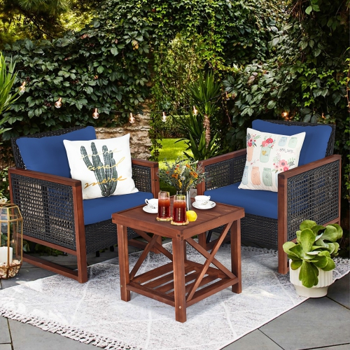 Costway 3PCS Patio Wicker Furniture Set Wooden Frame Cushion Sofa Shelf Navy