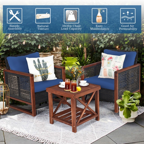 Costway 3PCS Patio Wicker Furniture Set Wooden Frame Cushion Sofa Shelf Navy