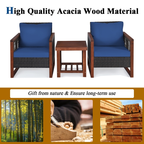 Costway 3PCS Patio Wicker Furniture Set Wooden Frame Cushion Sofa Shelf Navy