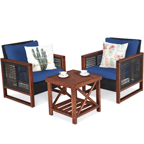 Costway 3PCS Patio Wicker Furniture Set Wooden Frame Cushion Sofa Shelf Navy