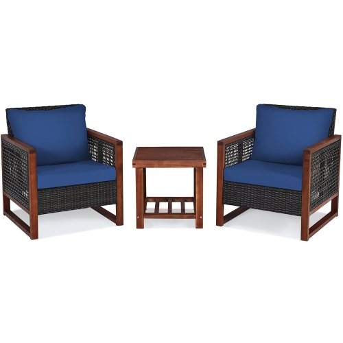 Costway 3PCS Patio Wicker Furniture Set Wooden Frame Cushion Sofa Shelf Navy