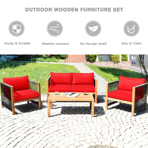 Costway 8PCS Wooden Patio Furniture Set CUS01hioned Sofa W/Rope Armrest