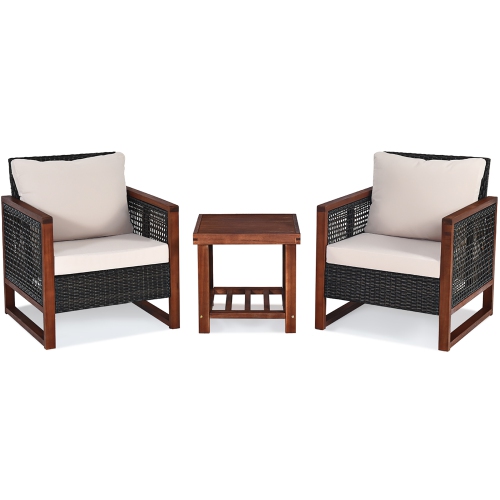 Costway 3PCS Patio Wicker Furniture Set Wooden Frame Cushion Sofa