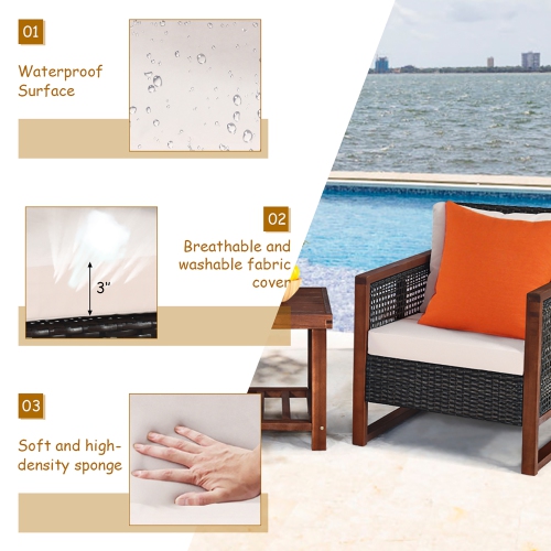 Costway 3PCS Patio Wicker Furniture Set Wooden Frame Cushion Sofa