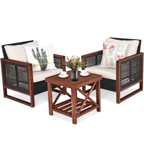 Costway 3PCS Patio Wicker Furniture Set Wooden Frame Cushion Sofa