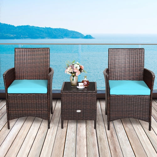 Costway 3PCS Patio Rattan Furniture Set Cushioned Sofa Glass Tabletop Deck