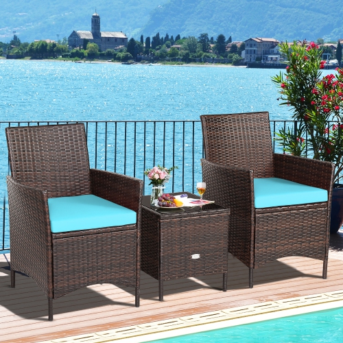 Costway 3PCS Patio Rattan Furniture Set Cushioned Sofa Glass Tabletop Deck
