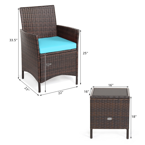 Costway 3PCS Patio Rattan Furniture Set Cushioned Sofa Glass Tabletop Deck