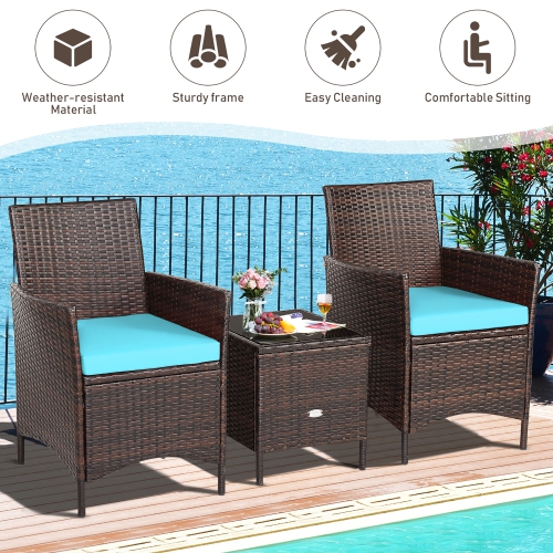 Costway 3PCS Patio Rattan Furniture Set Cushioned Sofa Glass Tabletop Deck