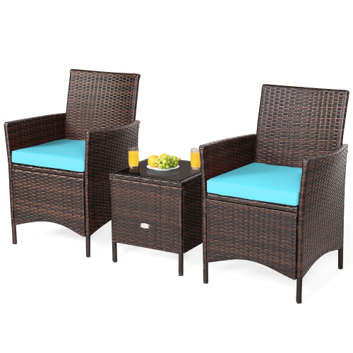Costway 3PCS Patio Rattan Furniture Set Cushioned Sofa Glass Tabletop Deck