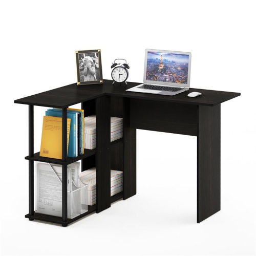 Furinno Abbott Engineered Wood L-Shape Desk with Bookshelf in Espresso/Black