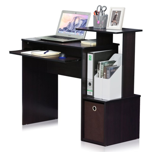 Furinno Econ Wood Multipurpose Computer Writing Desk w/Bin in Dark Walnut
