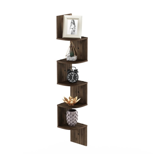 Furinno Rossi Wood Wall Mount Floating Radial Corner Shelf in Columbia Walnut