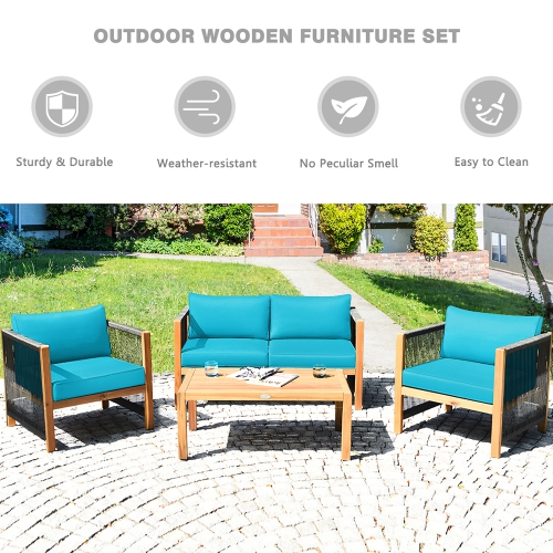 Costway 4PCS Wooden Patio Furniture Set CUS01hioned Sofa W/Rope Armrest