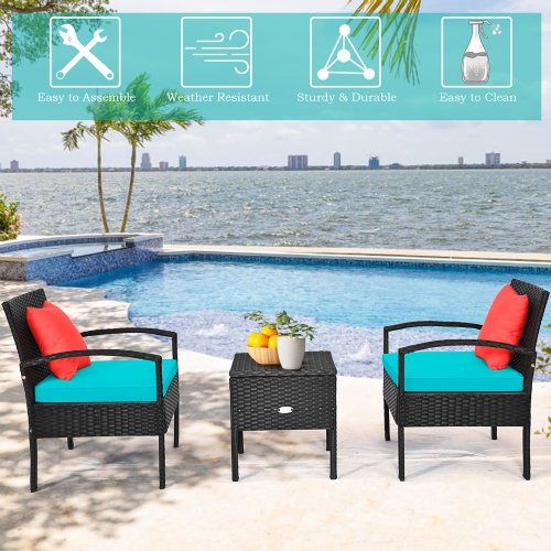 Costway 3PCS Patio Rattan Furniture Set Storage Table Cushioned Sofa