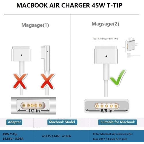 New Compatible Macbook Charger 14.85V 3.05A 45W T-Tip Magsafe 2 Power Adapter for Apple MacBook Air 11"/13"