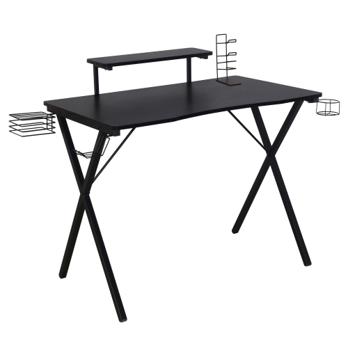 X shaped Computer Desk Gaming Desk Table with Bulit-in Monitor Stand, Hook and Cup Holder, 2 Audio Baskets