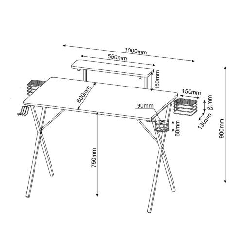 X shaped Computer Desk Gaming Desk Table with Bulit-in Monitor Stand, Hook and Cup Holder, 2 Audio Baskets
