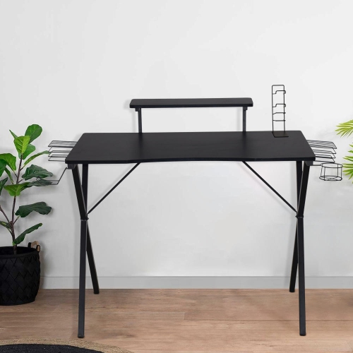 X shaped Computer Desk Gaming Desk Table with Bulit-in Monitor Stand, Hook and Cup Holder, 2 Audio Baskets