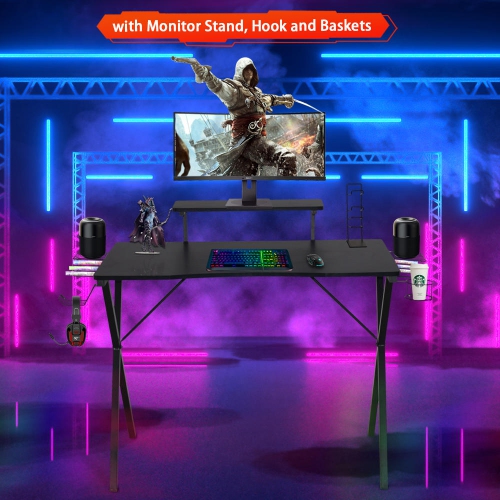 X shaped Computer Desk Gaming Desk Table with Bulit-in Monitor Stand, Hook and Cup Holder, 2 Audio Baskets