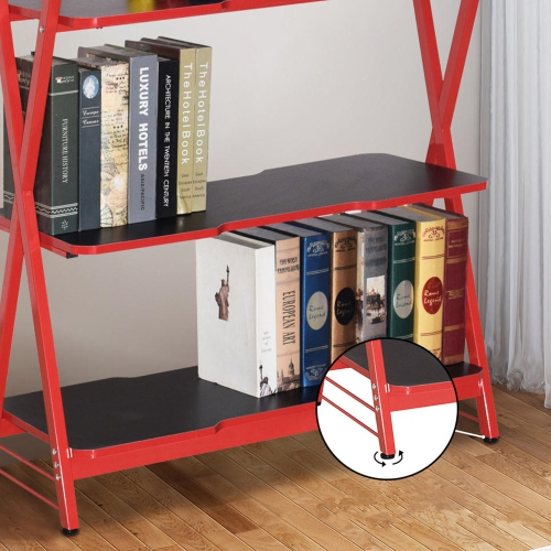 X-shape Bookshelves Rack, 3-Tier Home Office Bookcase Multifunctional Storage Display Rack Shelving Organizer, Red