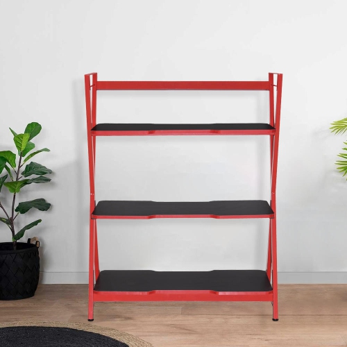 X-shape Bookshelves Rack, 3-Tier Home Office Bookcase Multifunctional Storage Display Rack Shelving Organizer, Red