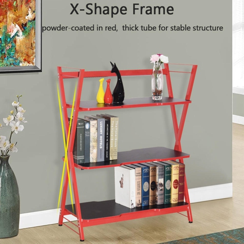 X-shape Bookshelves Rack, 3-Tier Home Office Bookcase Multifunctional Storage Display Rack Shelving Organizer, Red