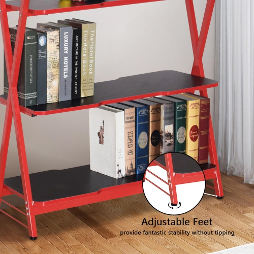 X-shape Bookshelves Rack, 3-Tier Home Office Bookcase Multifunctional Storage Display Rack Shelving Organizer, Red