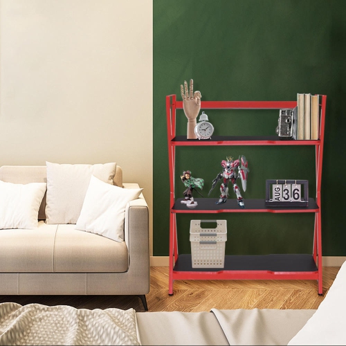 X-shape Bookshelves Rack, 3-Tier Home Office Bookcase Multifunctional Storage Display Rack Shelving Organizer, Red