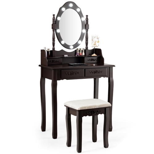 GYMAX  Makeup Vanity Dressing Table Set W/10 Dimmable Bulbs Cushioned Stool