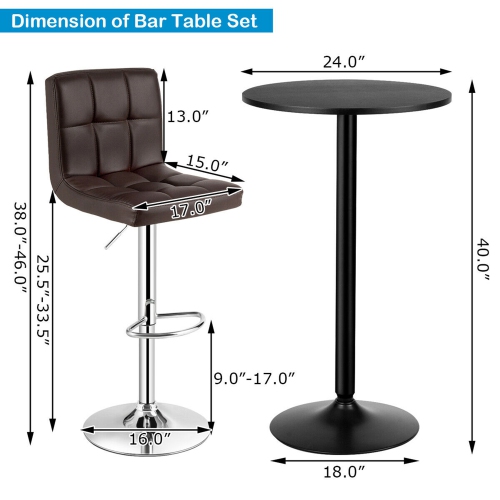 Gymax 3PCS Pub Table Set 24'' Round Bar Table & 2 Adjustable Bar Stools