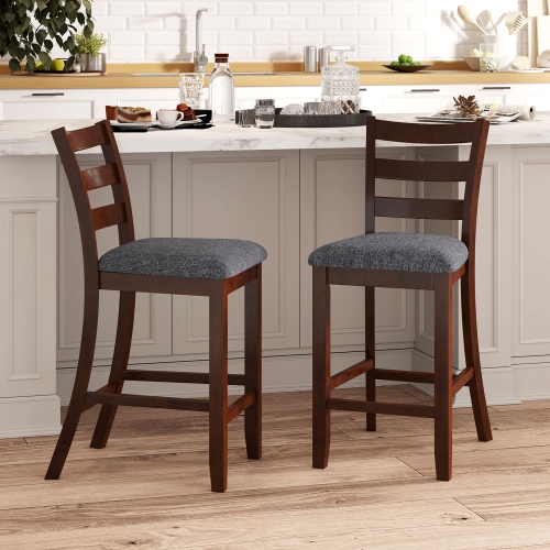 Gymax Wood Bar Stools Set of 2 Counter Height Chairs w/ Faux Leather Upholstered Seat